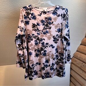 J.JILL PUREJILL Plush Velour pullover long sleeve tunic   Blue Floral Print. XL
